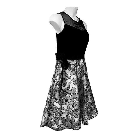 SLNY Mesh & Knit Black White Cocktail Party Guest Retro Knee Length Twofer Dress - Picture 3 of 12